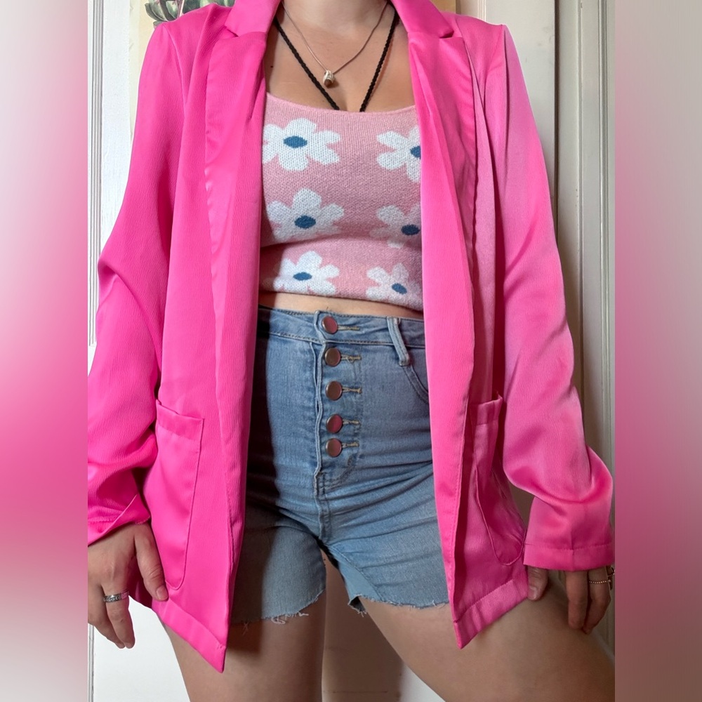 Glam Pink Blazer Modern Open-Front Suit Jacket
